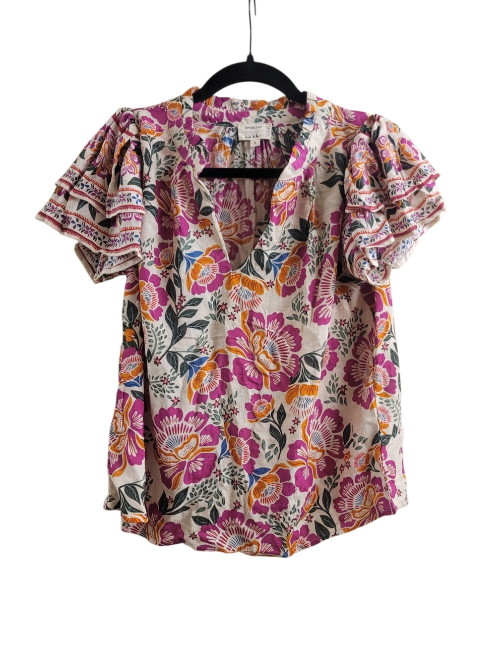 EUC Artlier Nicole Miller Tropical Floral Ruffle-Sleeve Blouse - Pink Multi - Picture 2 of 7